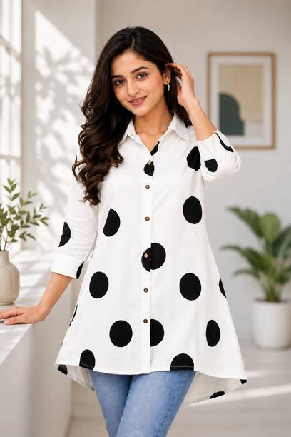 Casual Roll Up Sleeves Polka Print Women White, Black Top