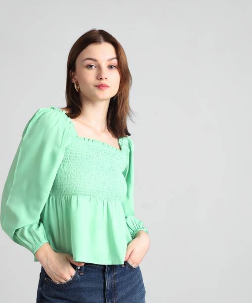 Casual Puff Sleeves Solid Women Light Green Top