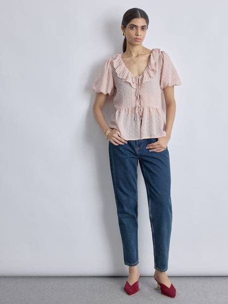 Casual Puff Sleeves Polka Print Women Pink Top