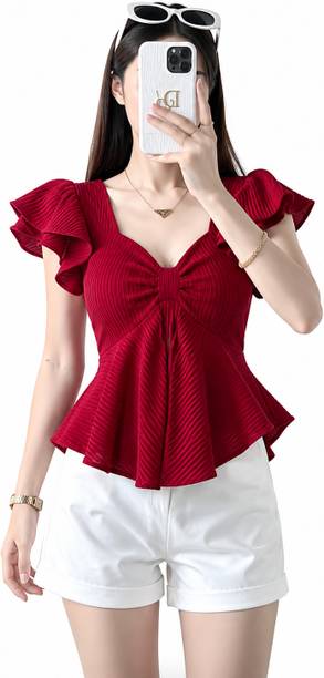 Casual Ruffled Sleeves Self Design Women Maroon Top