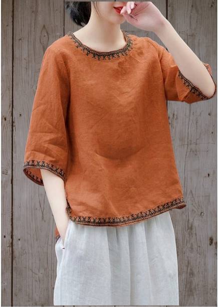 Casual Regular Sleeves Embroidered Women Orange Top