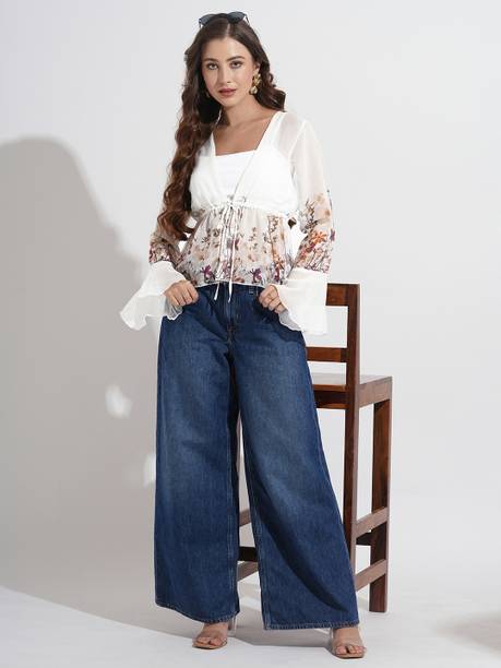 Casual Bell Sleeves Printed Women White Top