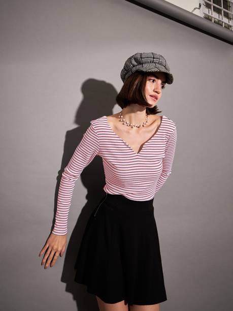 Casual Regular Sleeves Striped Women White, Red Top