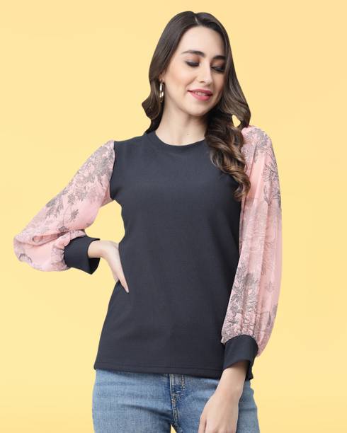 Casual Cuffed Sleeves Solid Women Black Top