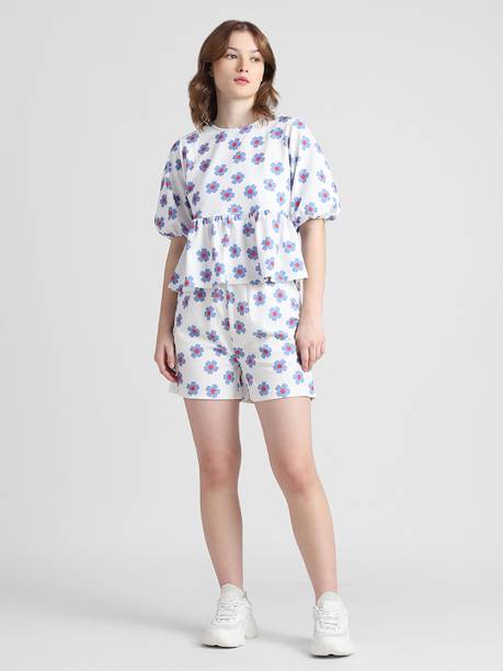 Casual Puff Sleeves Printed Women White, Light Blue, Red Top