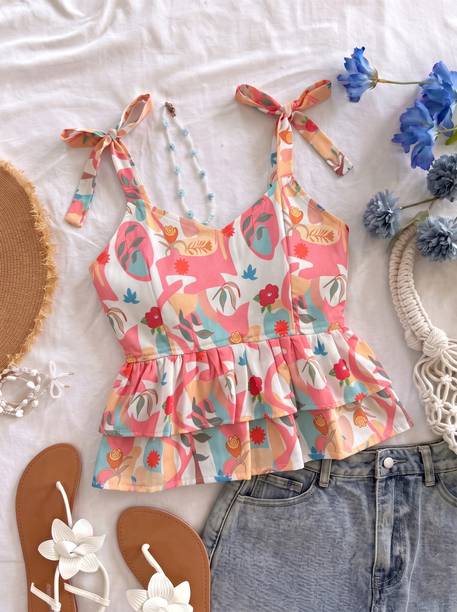 Party Sleeveless Floral Print Women Red Top