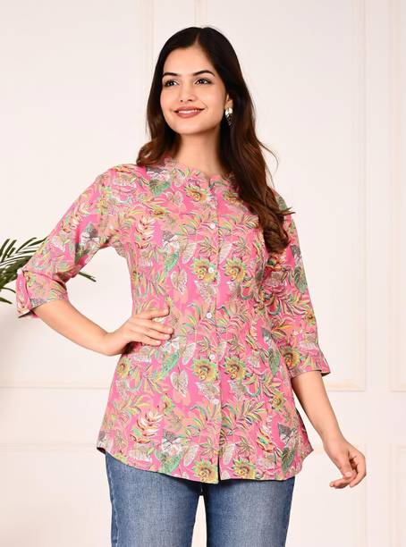 Casual Roll Up Sleeves Printed Women Multicolor Top