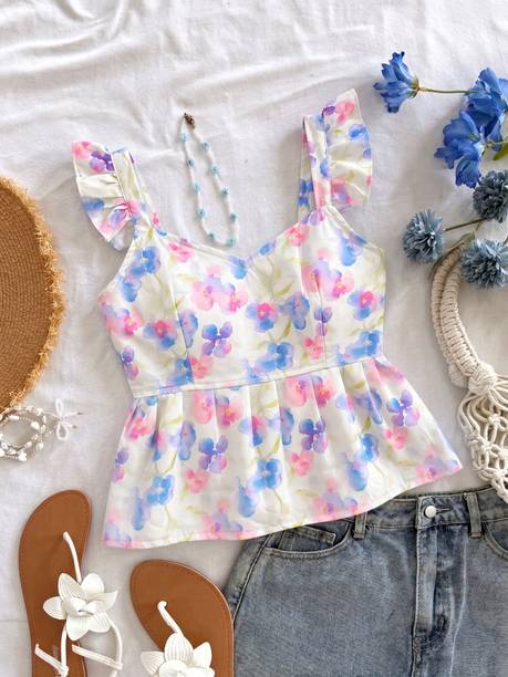 Party Ruffled Sleeves Floral Print Women White Top