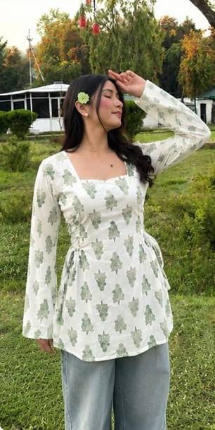 Party Bell Sleeves Printed Women Light Green, White Top