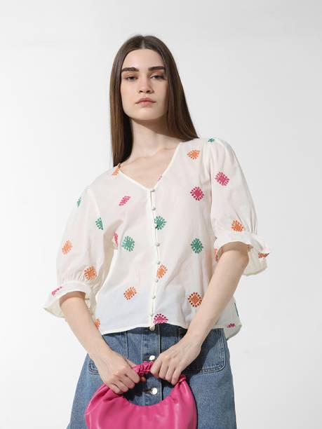 Casual Bell Sleeves Embroidered, Printed Women Multicolor Top