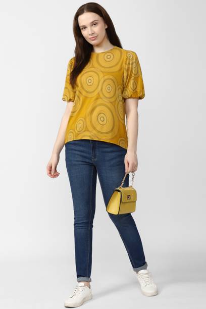 Casual Regular Sleeves Printed Women Yellow, Grey Top