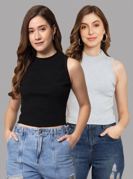 Pack of 2 Casual Sleeveless Solid Women Black, Grey Top