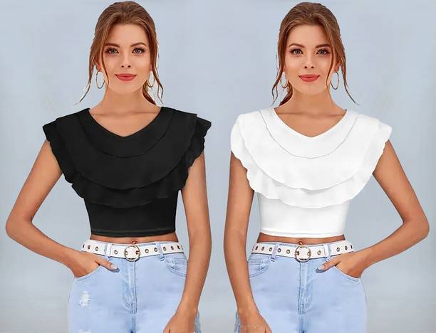 Pack of 2 Party Cap Sleeves Self Design Women Black, White Top