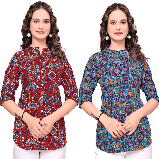 Pack of 2 Formal Roll Up Sleeves Geometric Print Women Multicolor Top