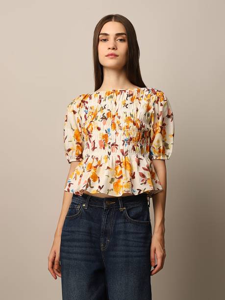 Casual Puff Sleeves Floral Print Women White Top