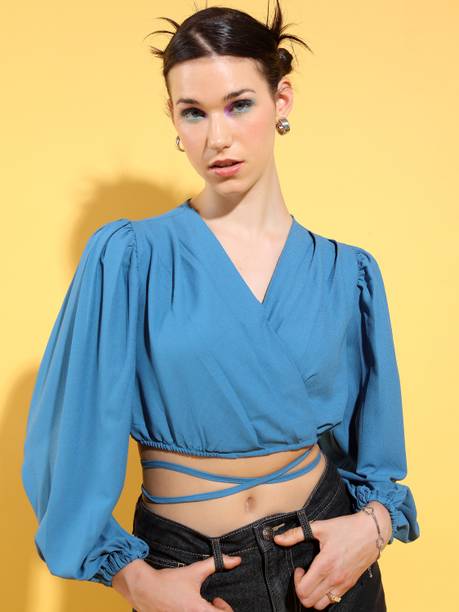 Tokyo Talkies Casual Solid Women Light Blue Top