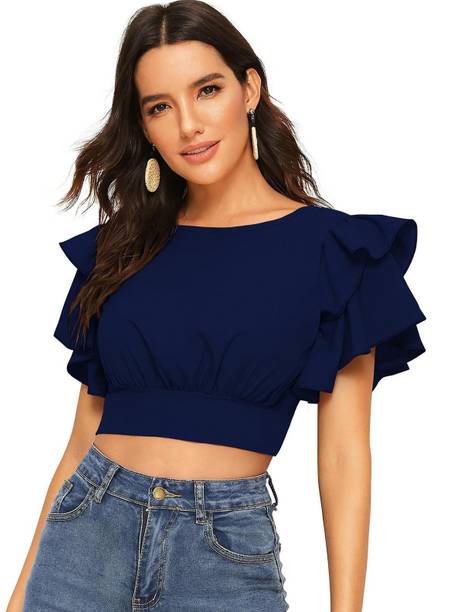 Casual Flared Sleeves Solid Women Blue Top