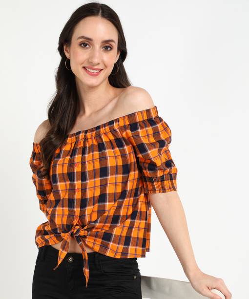 Casual Puff Sleeves Checkered Women Multicolor Top