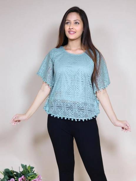 Casual Kaftan Sleeve Self Design Women Blue Top