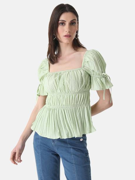 Party Puff Sleeves Solid Women Beige Top