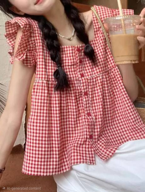 Party Puff Sleeves Checkered Women Red, White Top