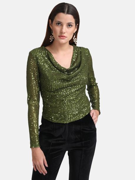 Party Regular Sleeves Solid Women Green Top