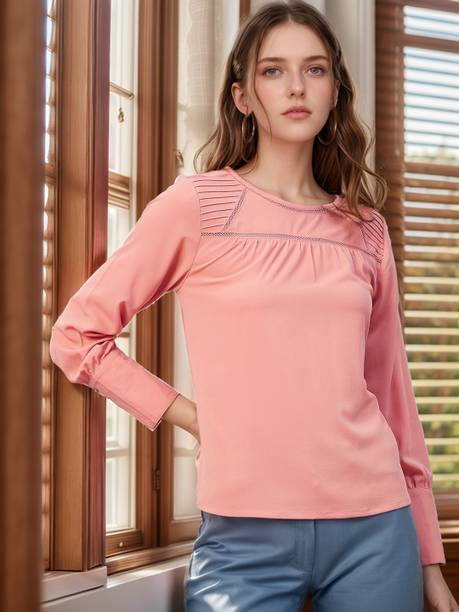 RARE Casual Cuffed Sleeves Solid, Embellished Women Pink Top