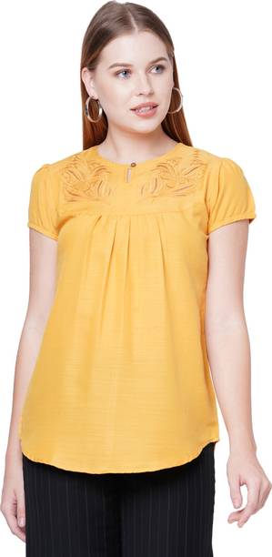 Casual Cap Sleeves Solid Women Yellow Top