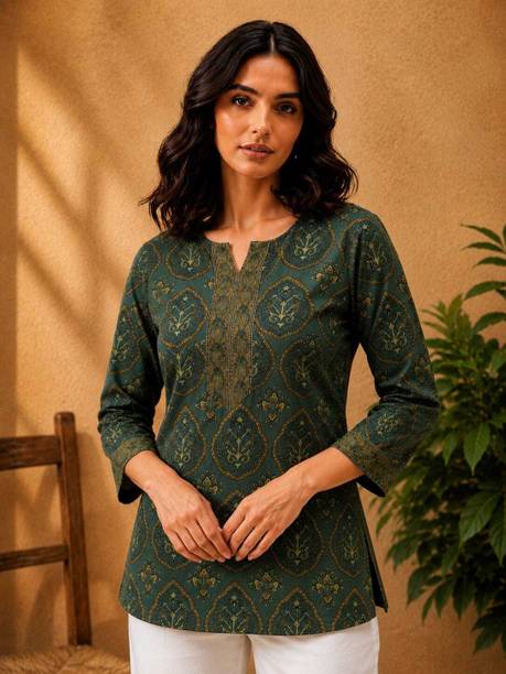 Casual Regular Sleeves Printed Women Dark Green Top
