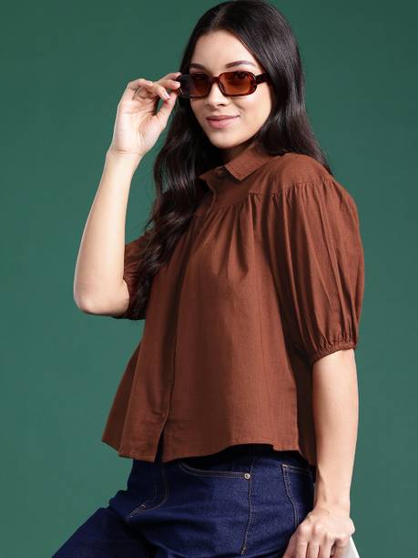 Casual Puff Sleeves Solid Women Brown Top