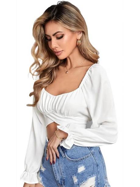 Casual Cuffed Sleeves Self Design Women White Top