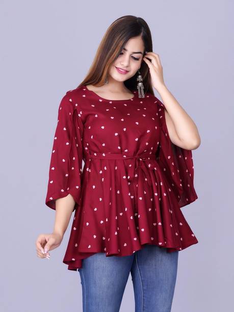 Casual Slit Sleeves Floral Print Women Maroon, White Top