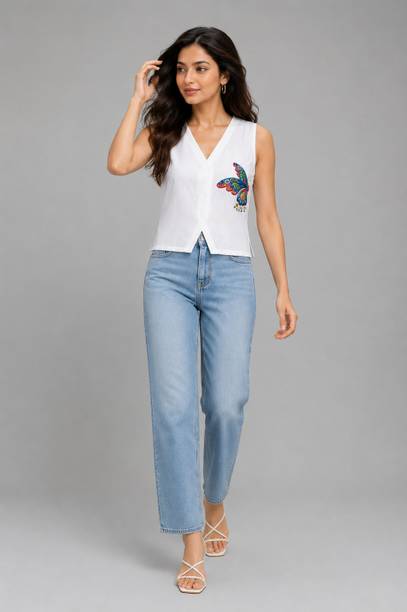 Casual Sleeveless Printed Women White Top