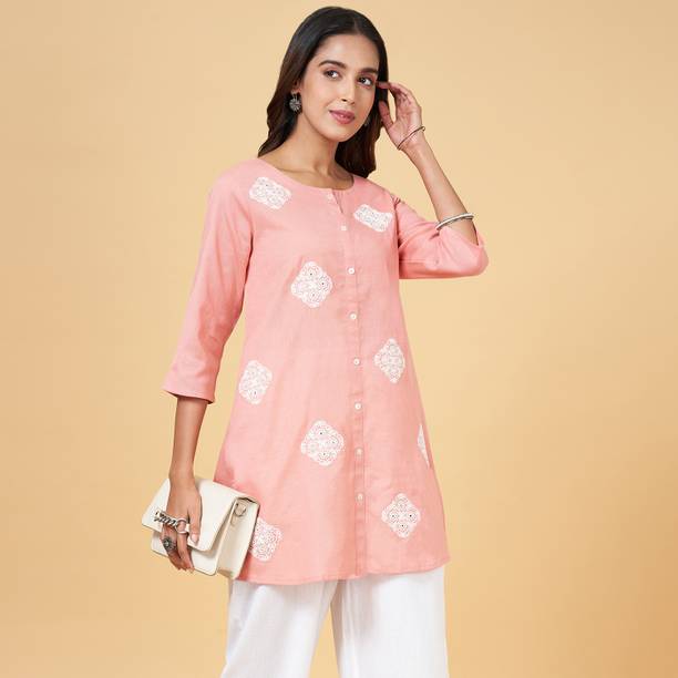 Rangmanch by Pantaloons Casual Regular Sleeves Solid Women Pink, White Top