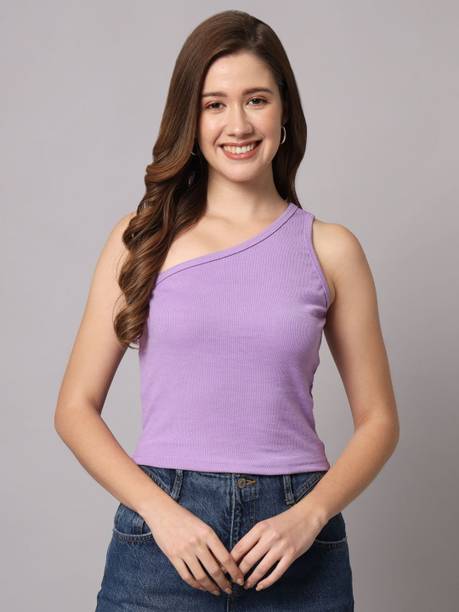 Casual One Shoulder Sleeves Solid Women Purple Top