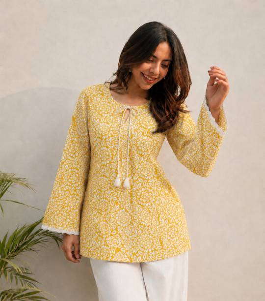 Casual Bell Sleeves Floral Print Women Yellow, White Top
