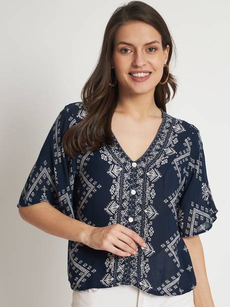 Casual Raglan Sleeves Printed Women Dark Blue, Beige Top