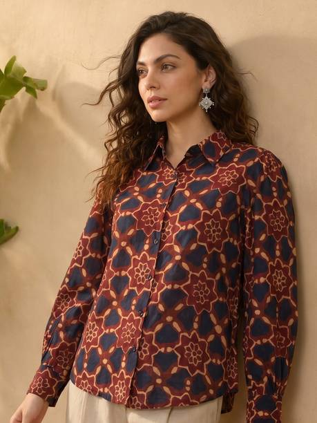 Casual Cuffed Sleeves Floral Print Women Brown Top