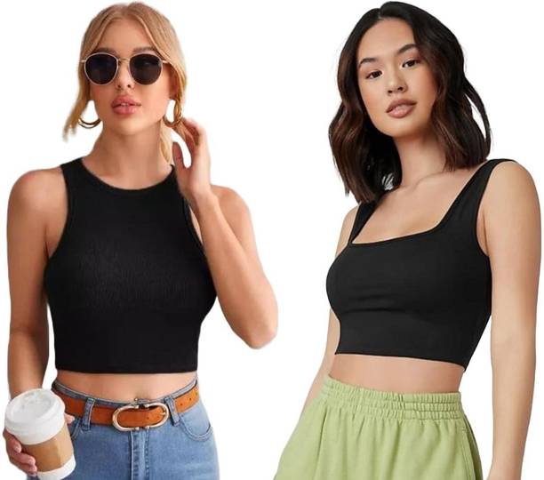 Pack of 2 Casual Sleeveless Solid Women Black Top