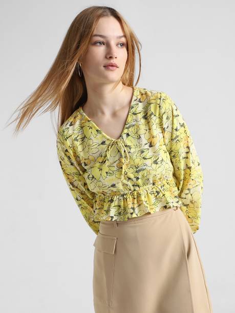 Casual Puff Sleeves Printed Women Yellow, Dark Green, White Top