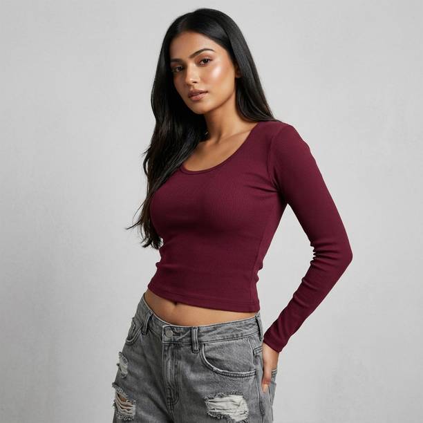 Casual Regular Sleeves Self Design Women Maroon Top