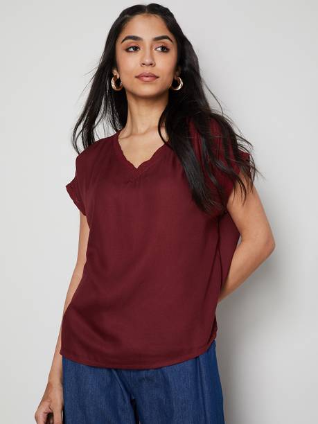 Casual Regular Sleeves Embroidered Women Maroon Top