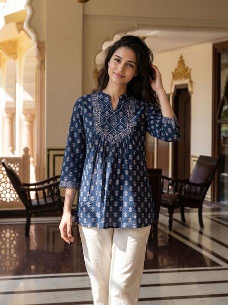 Casual Regular Sleeves Printed, Floral Print, Ethnic Motifs Women Blue Top