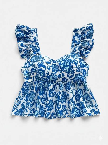 Party Ruffled Sleeves Printed Women Blue Top