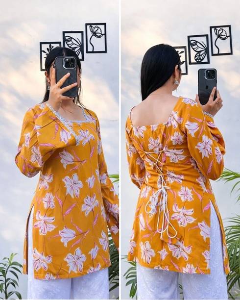 Casual Bell Sleeves Floral Print Women Yellow Top