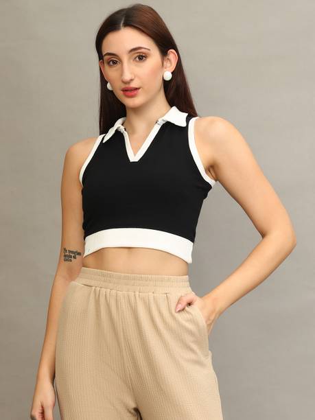 NIHIDA FABRICS Casual Color Block Women Black Top