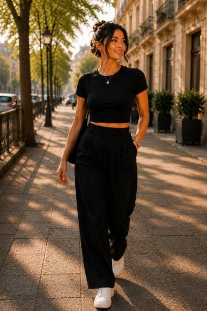 Casual Regular Sleeves Self Design, Solid Women Black Top