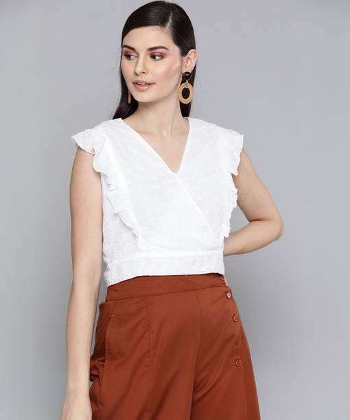 Casual Sleeveless Self Design Women White Top