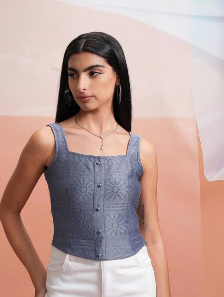 Casual Sleeveless Self Design Women Grey Top