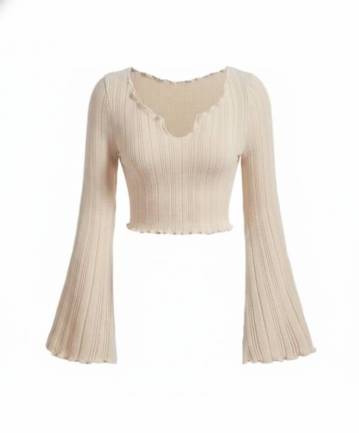 Casual Bell Sleeves Self Design Women Beige Top